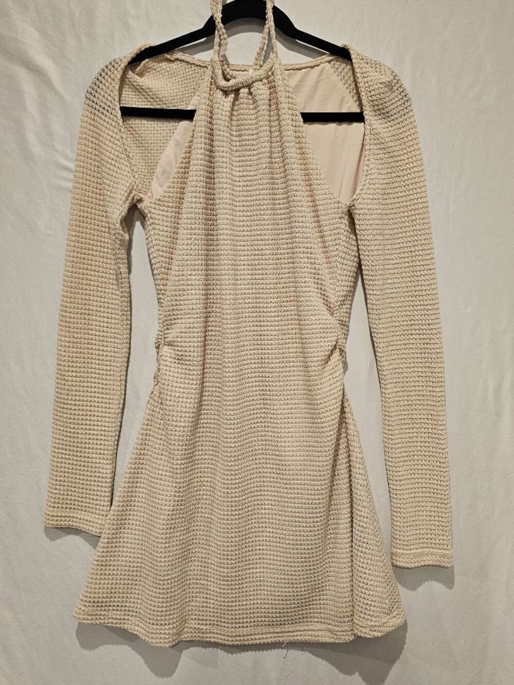 SABO Mahnee Mini Dress Cream Beige Knit Halter Cutout Long Sleeve Size L